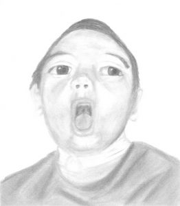 Pencil drawing of Dylan Walborn, a small boy with light skin and dark hair. His mouth is open.