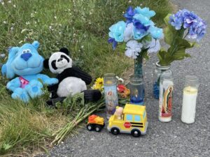 Memorial left at the side of a road, consisting of two vases of blue and white flowers, four votive candles, a stuffed blue dog, a stuffed panda bear, and two toy cars.
