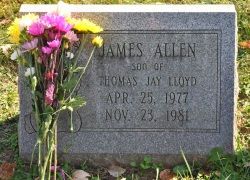 Photo of James Allen Lloyd's tombstone, reading "James Allen, son of Thomas Jay Lloyd. April 25, 1977 to November 25, 1981."
