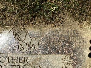 Photo of the top corner of a gravestone, engraving indistinct since it has filled with dirt, reading, "Noah, October 13, 1989 to December 10, 1991."