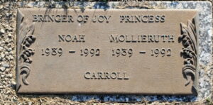 Gravestone reading, "Bringer of Joy, Noah Carroll, 1989-1992; Princess, Mollie Carroll, 1989-1992."