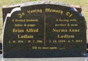 Gravestone of Norma Ludlam and Brian Ludlam, reading, "In loving memory of a devoted husband, father, & poppy; a loving wife, mother & mim; till we meet again."