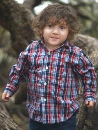 Photo of a little boy with curly brown hair and tan skin, wearing a plaid shirt.