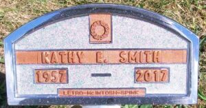 Grave marker for Kathy Smith, 1957 to 2017.