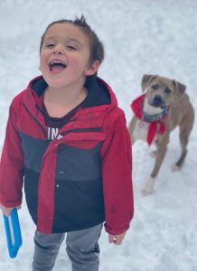 Photo of a small boy standing in the snow, mouth open in a laugh, holding a brown dog's leash. He has fair skin and brown hair, and his cheeks are red from the cold. 